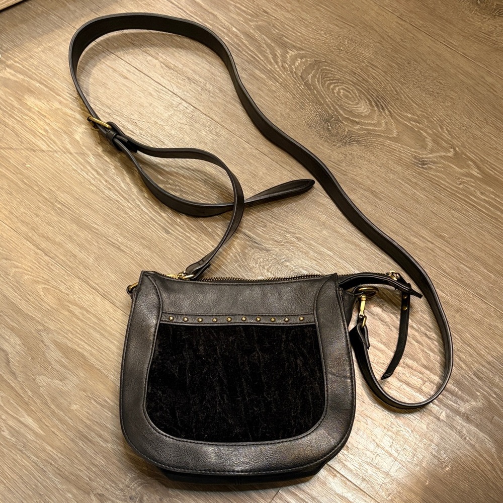 Elegant Black Leather and Velour Crossbody Bag